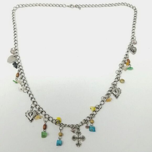 Vintage Charm Necklace, Silver Tone Chain, Beaded, Hearts, Cross, Estate - Picture 1 of 4